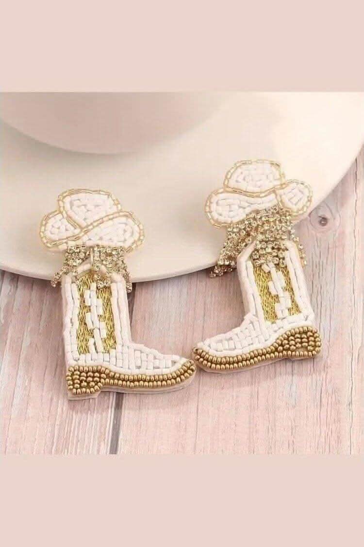 Beaded Off - White Cowgirl Boot Earrings - Lolo Viv Boutique