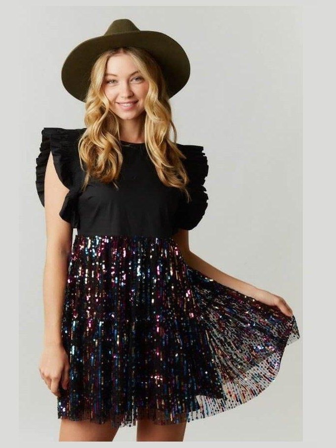 Sequin Color Block Mini Poplin Dress - Lolo Viv Boutique