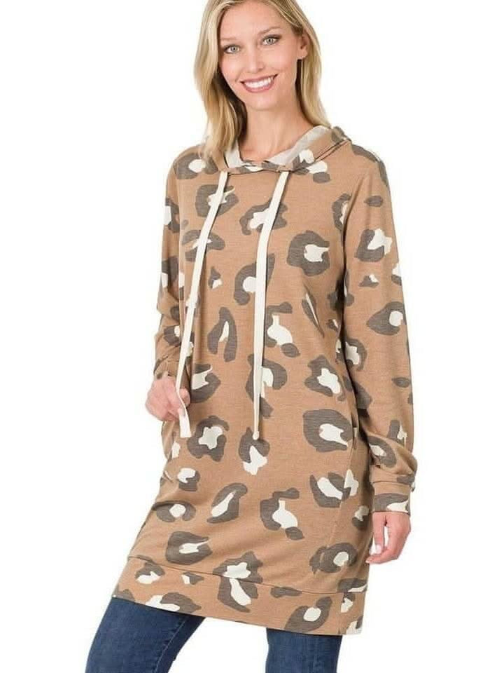 Soft French Terry Leopard Longline Hoodie Dress - Lolo Viv Boutique