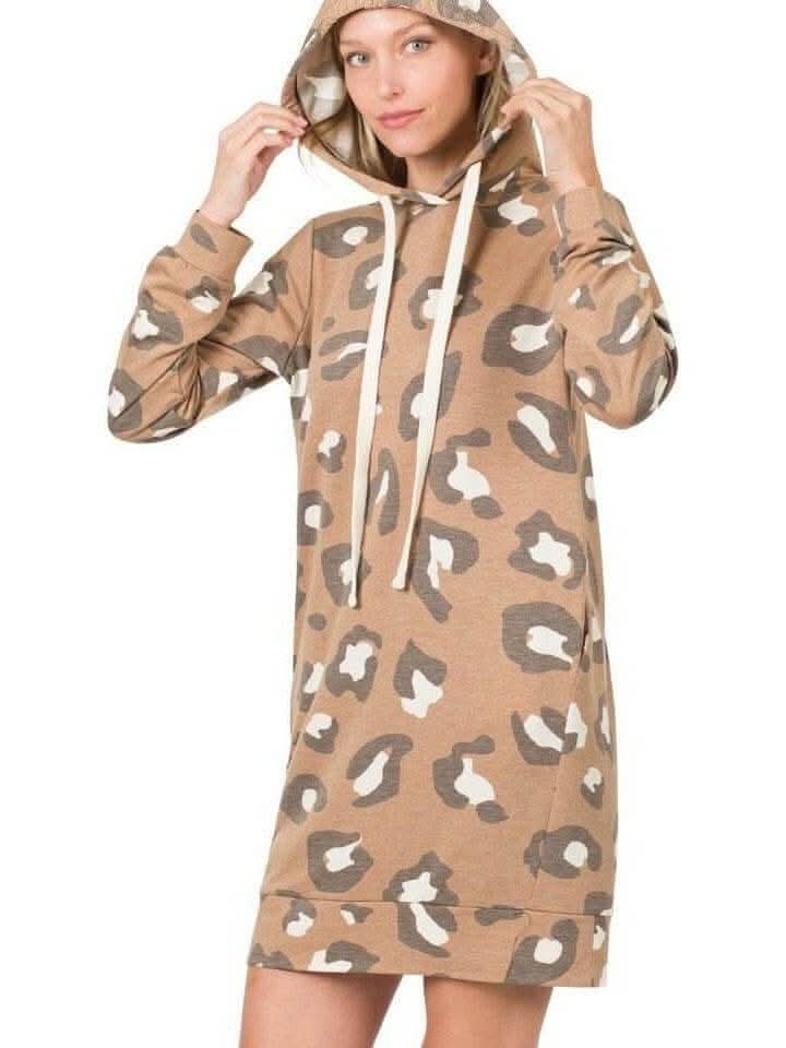 Soft French Terry Leopard Longline Hoodie Dress - Lolo Viv Boutique