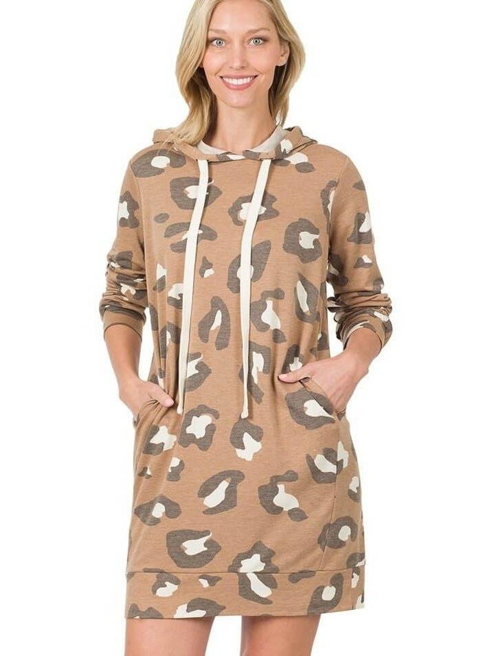 Soft French Terry Leopard Longline Hoodie Dress - Lolo Viv Boutique