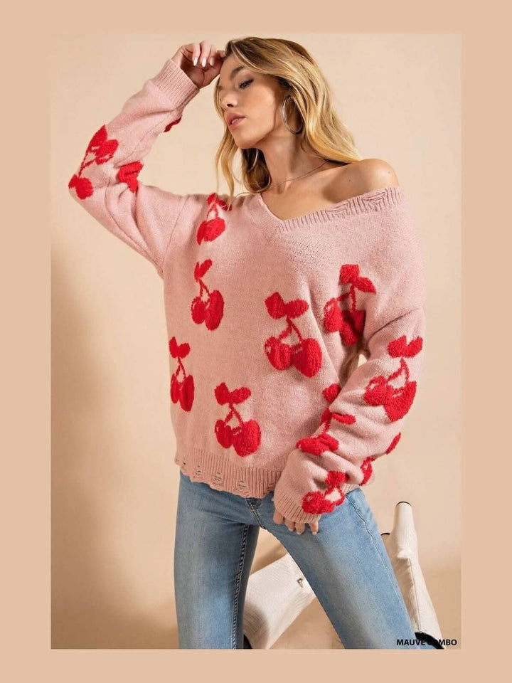 Soft Thread Pink & Red Cherry Sweater - Lolo Viv Boutique