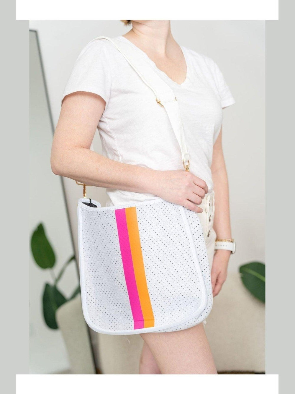 Sporty White Neoprene Messenger with Pink and Orange Stripes - Lolo Viv Boutique