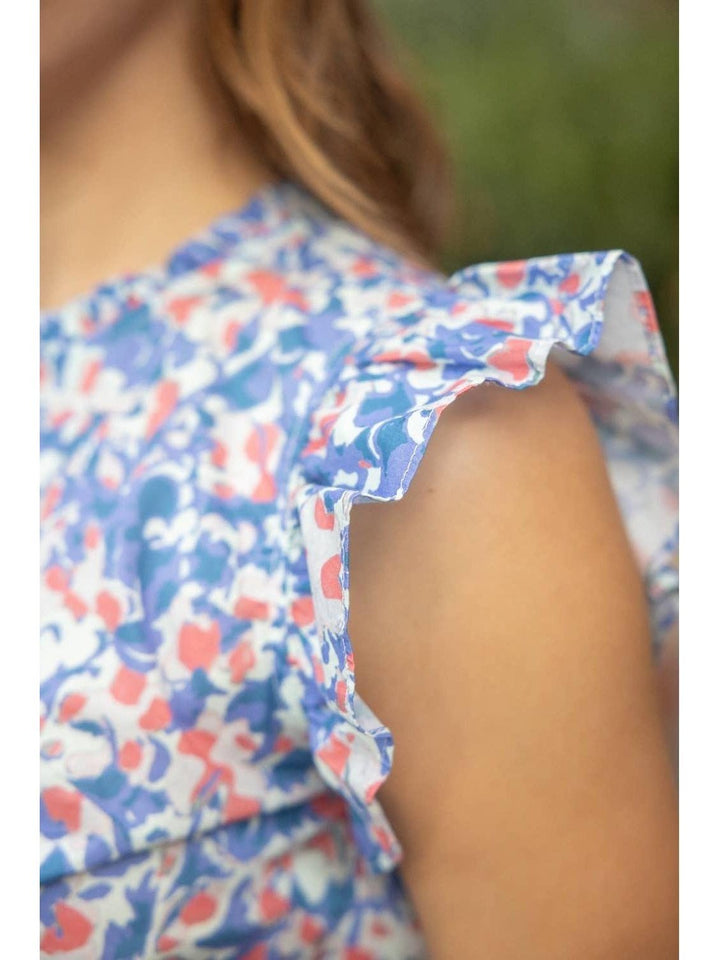 Striped Detail Ruffle Blue and Red Floral Top - Lolo Viv Boutique