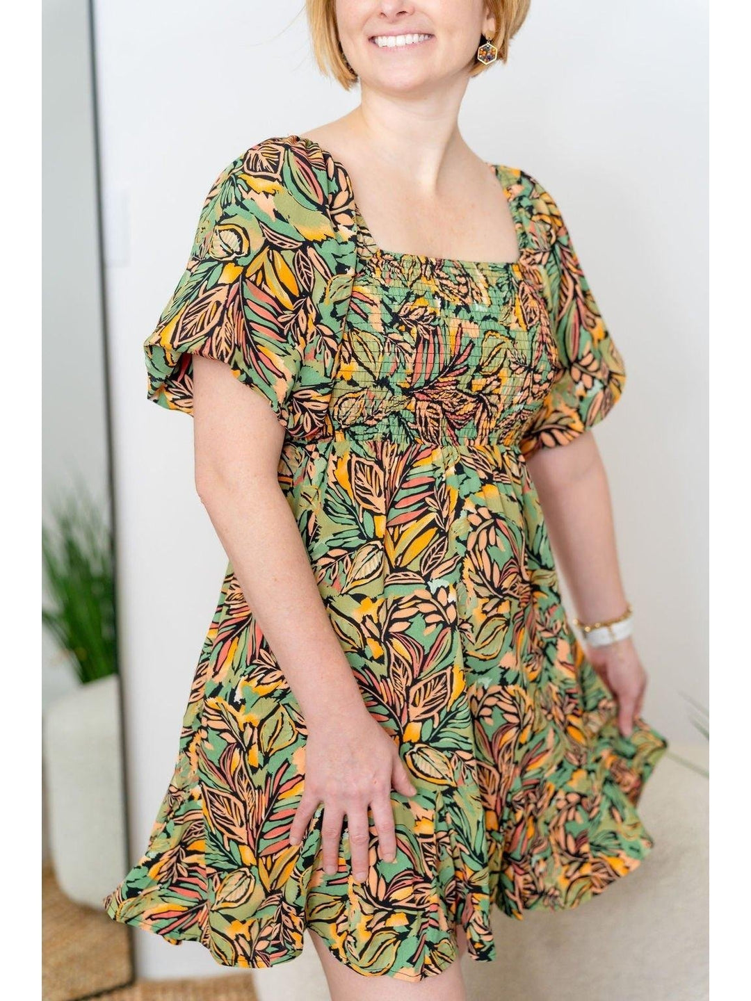Tropical Smocked Dress with Bubble Sleeves - Lolo Viv Boutique
