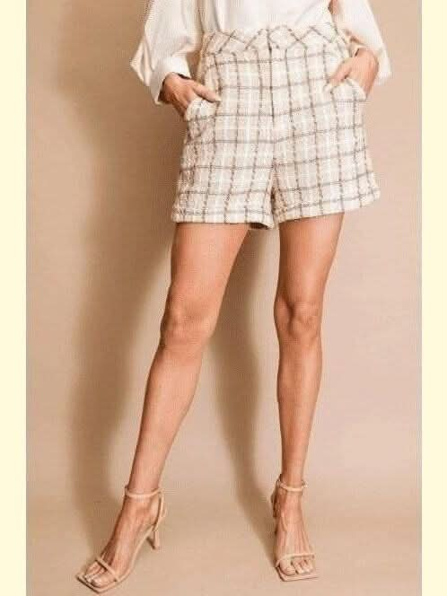 Tweed Plaid Tan and Metallic Shorts with Pockets