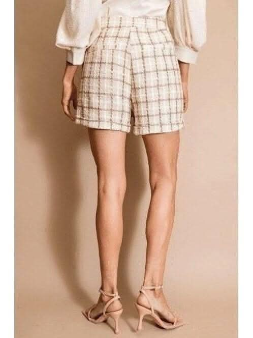 Tweed Plaid Tan and Metallic Shorts with Pockets