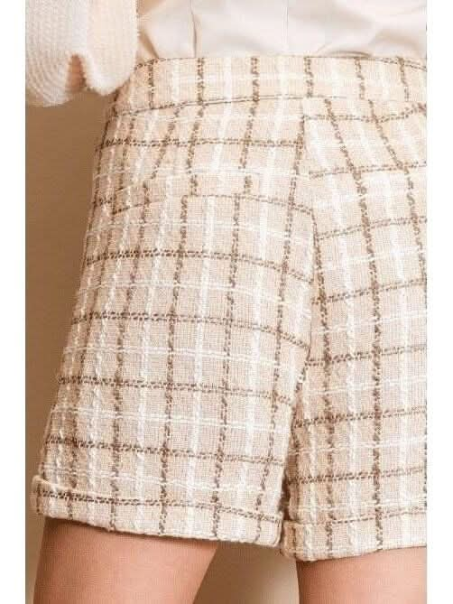 Tweed Plaid Tan and Metallic Shorts with Pockets