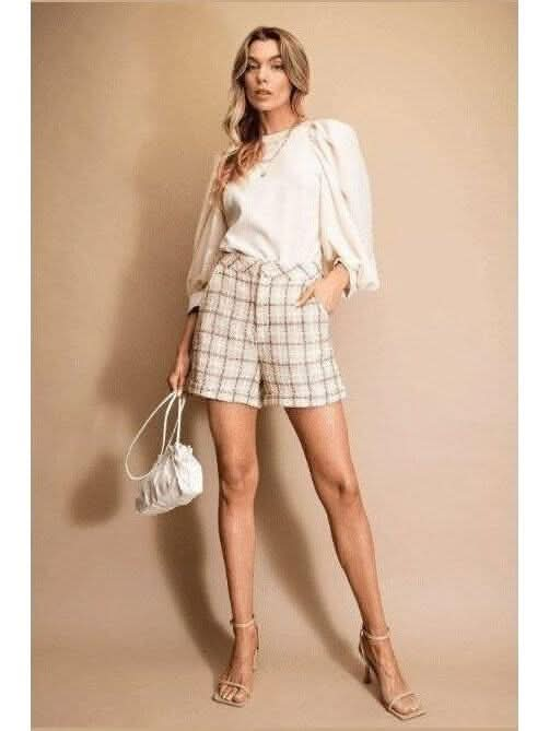 Tweed Plaid Tan and Metallic Shorts with Pockets