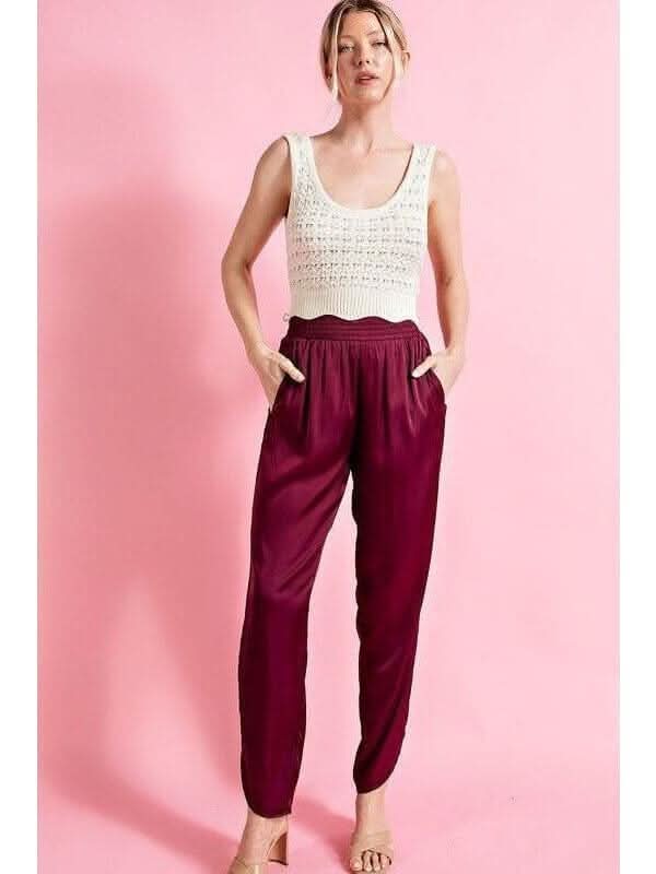 Wine Down Smocked Satin Jogger Pants - Lolo Viv Boutique