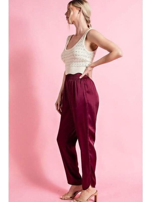Wine Down Smocked Satin Jogger Pants - Lolo Viv Boutique