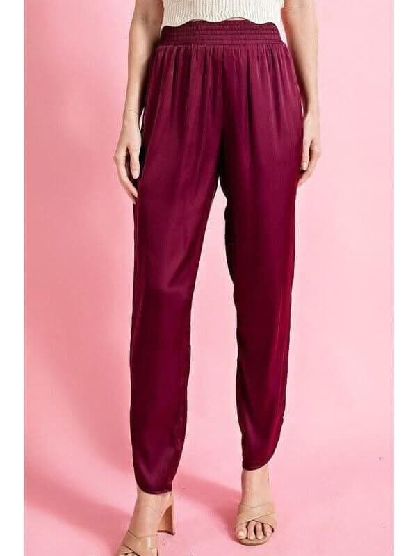 Wine Down Smocked Satin Jogger Pants - Lolo Viv Boutique