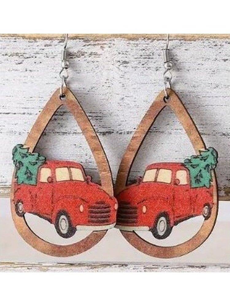 Wooden Red Truck & Tree Earrings