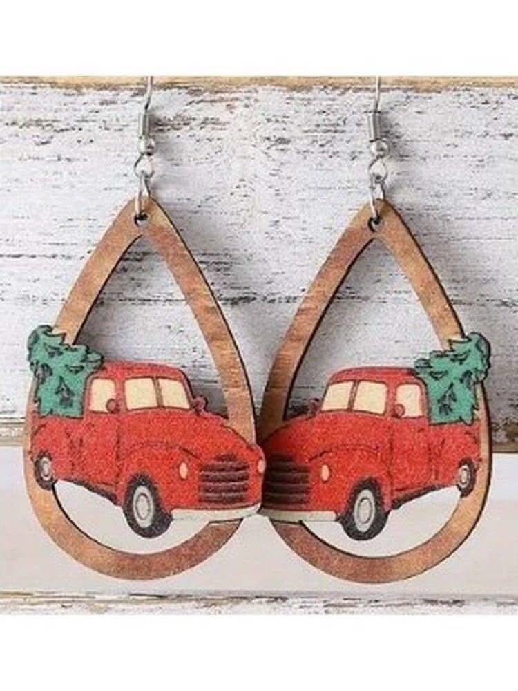 Wooden Red Truck & Tree Earrings - Lolo Viv Boutique