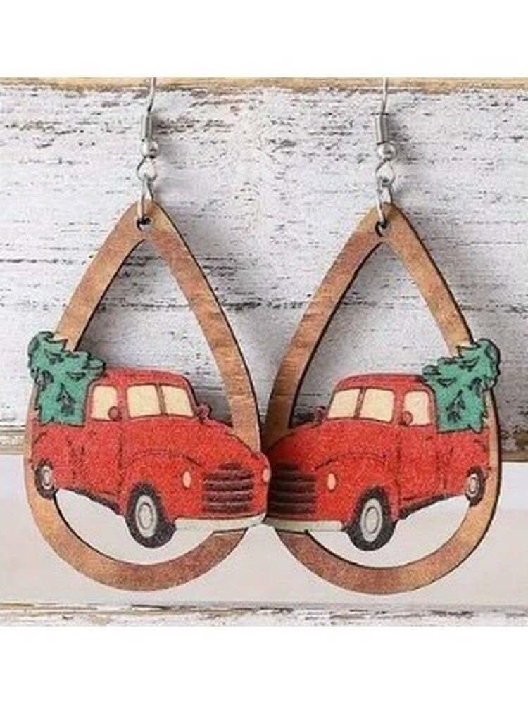 Wooden Red Truck & Tree Earrings